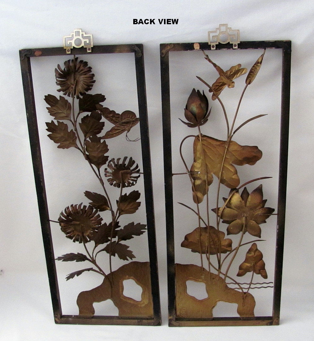 Very Vintage Pair of Wall Hangings - Oriental and Signed - Flowers and Leaves Motif - Metal Sculpture