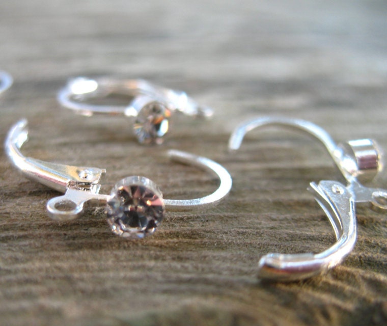 Silver Leverback Earring Wires, Rhinestone Crystal, Silver Plated Over Copper, 3 Pairs