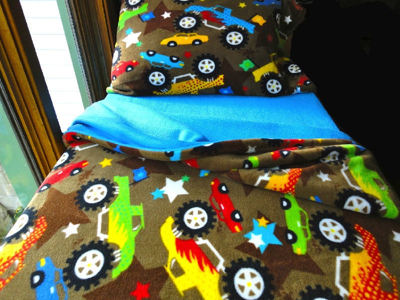Toddler Bedding Boys Fleece Bed Set  'Blue Monster Trucks' Handmade Fleece Sheets Fits Crib and Toddler Beds