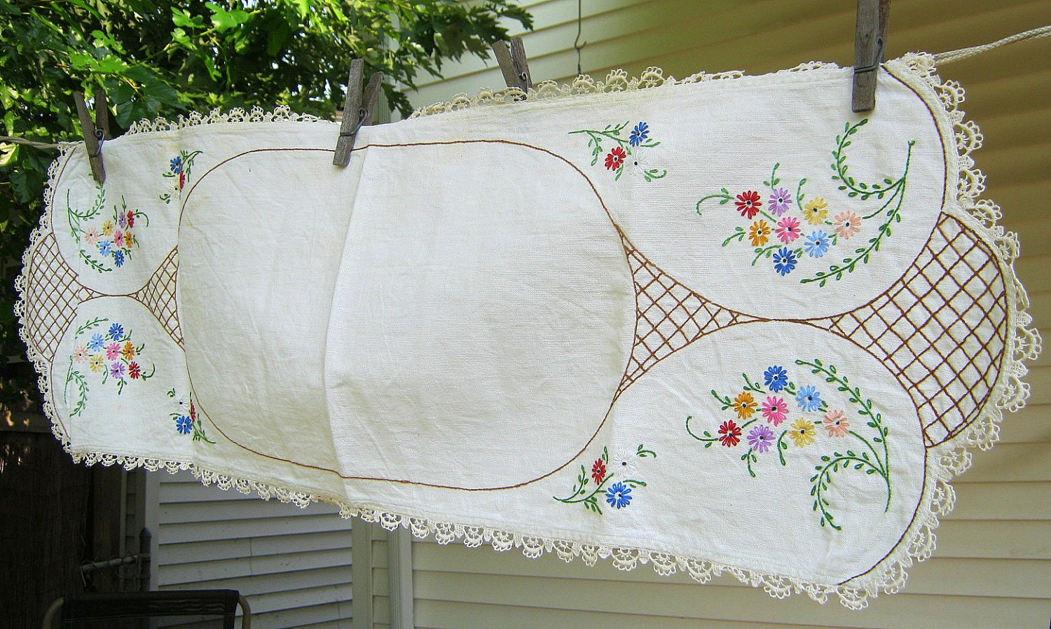 Vintage Dresser Scarf Floral Embroidery Crochet Trim Table Linens
