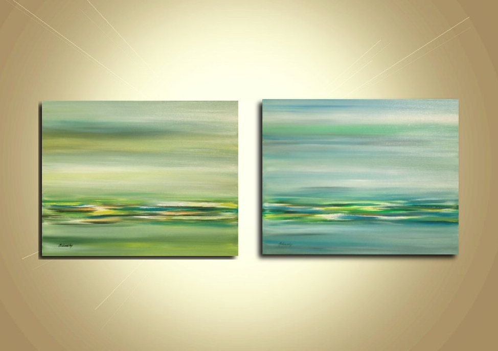 Dyptich - Original contemporary oil painting - green, blue, light green, grey, turquoise - Ready to hang - 2 x 15,7" x 19,7"