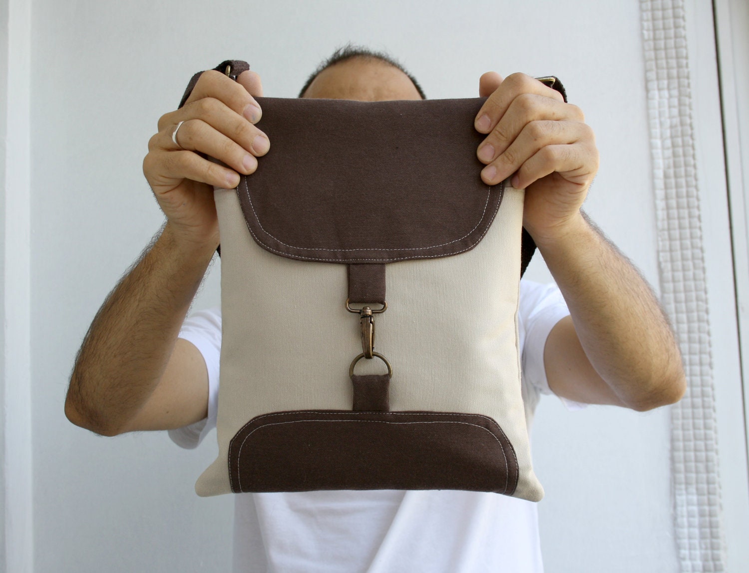 Beige and Brown Bag  Adjustable Cotton strap // For Dady Father / Unisex / messenger for Men For Women / Zipper clousure
