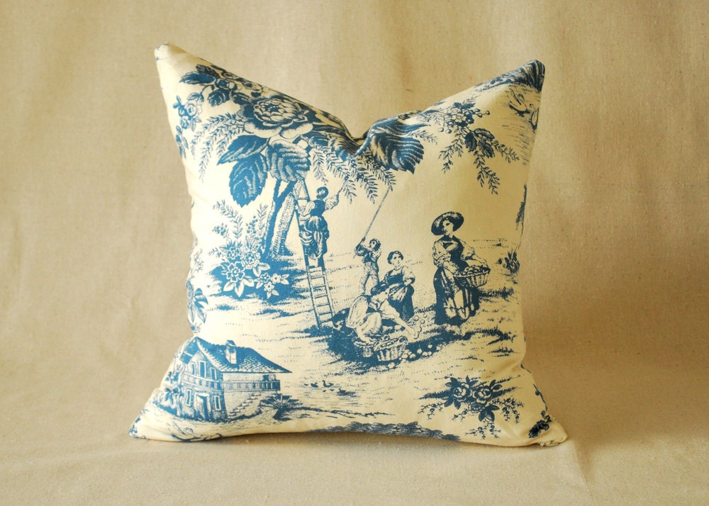 Toile Pillow Cover Blue and Cream Shabby Chic Vintage 16"x16"