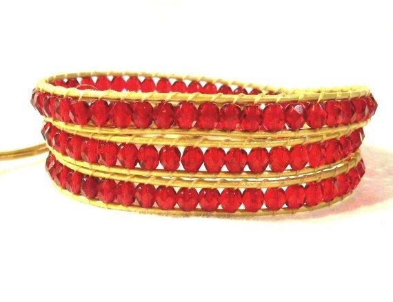Red and Gold Beaded Leather Wrap Bracelet- Triple Wrap, Holiday Red and Gold- HOLLY