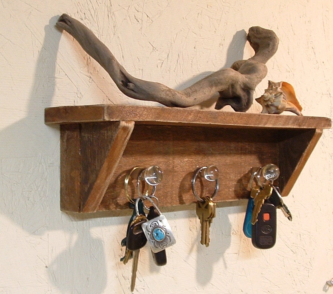 Rustic Wooden Key Rack,  Necklace Organizer, Wall Shelf with Vintage Bottle Stoppers