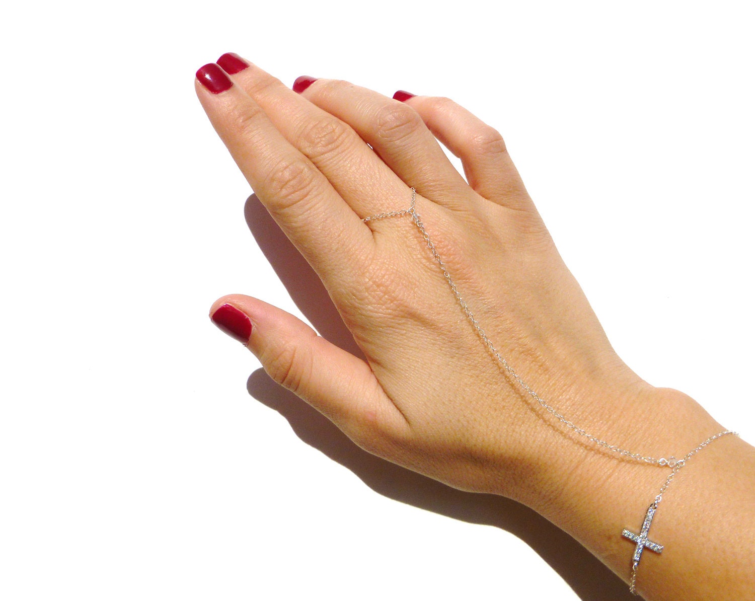 Slave Bracelet, Bracelet Ring, Cubic Zirconia Cross Charm, Sterling Silver, Hand Chain, Body Chain, Swarovski Crystal