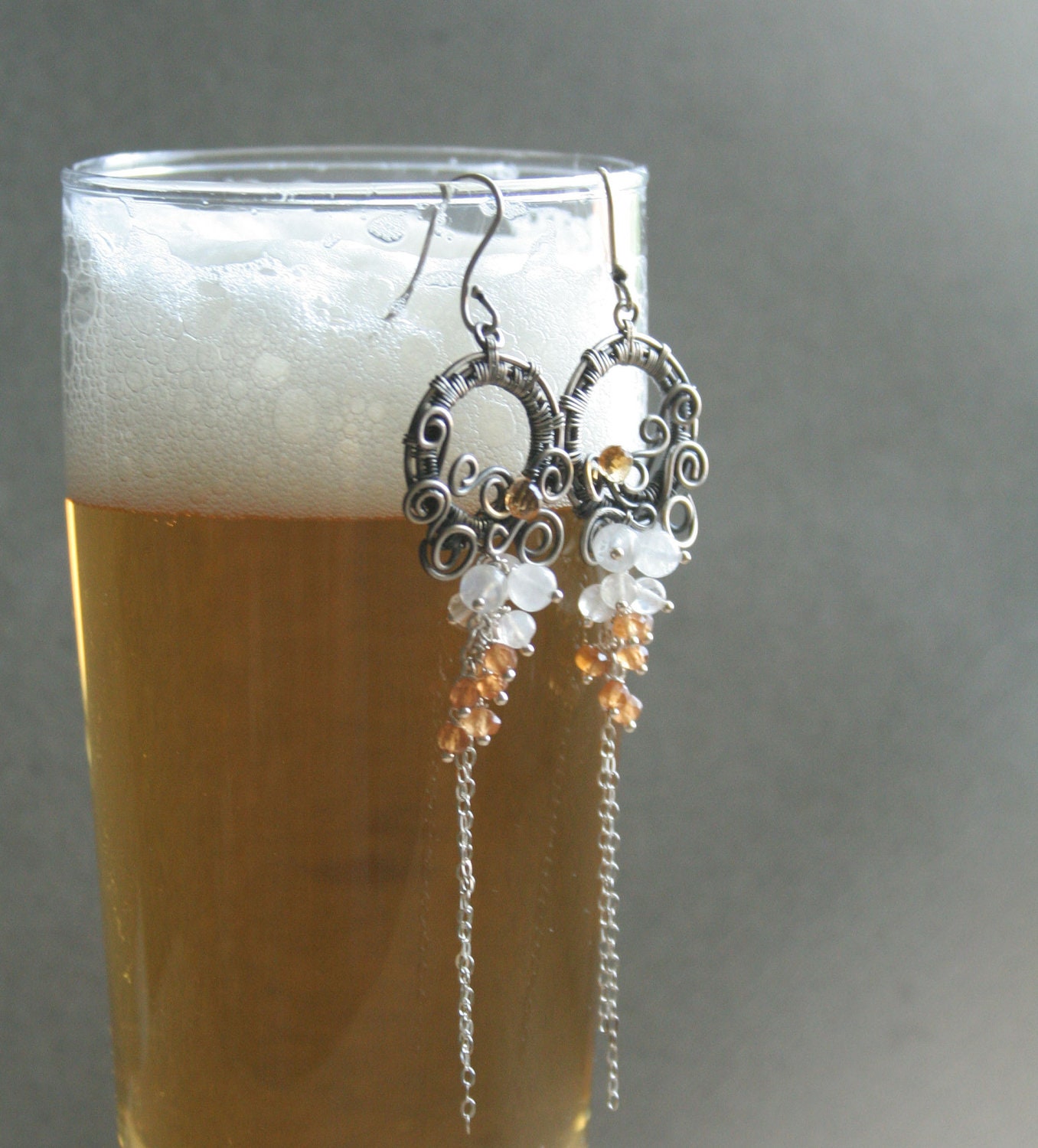 Cider - yellow and white citrine, garnet and rainbow moonstone on sterling silver wire wrapped cluster earrings
