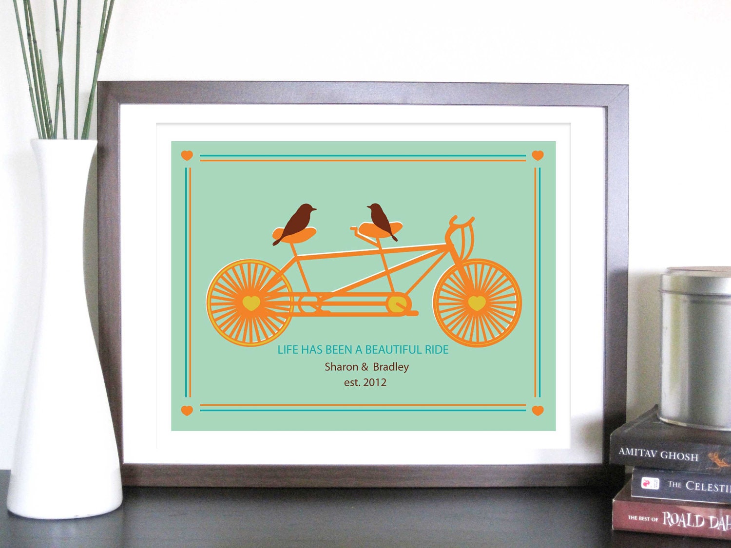 Art for Couples, Tandem Bicycle and Birds- 8.5X11 Inches, more sizes and colors, Valentine's Day, Wedding Gift