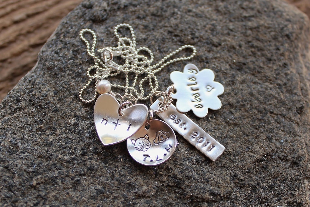 Personalized Family Names Multi Charm Necklace - Sterling Silver Hand Stamped 4 Charms of Choice, Mommy, Grandma, Gift Necklace