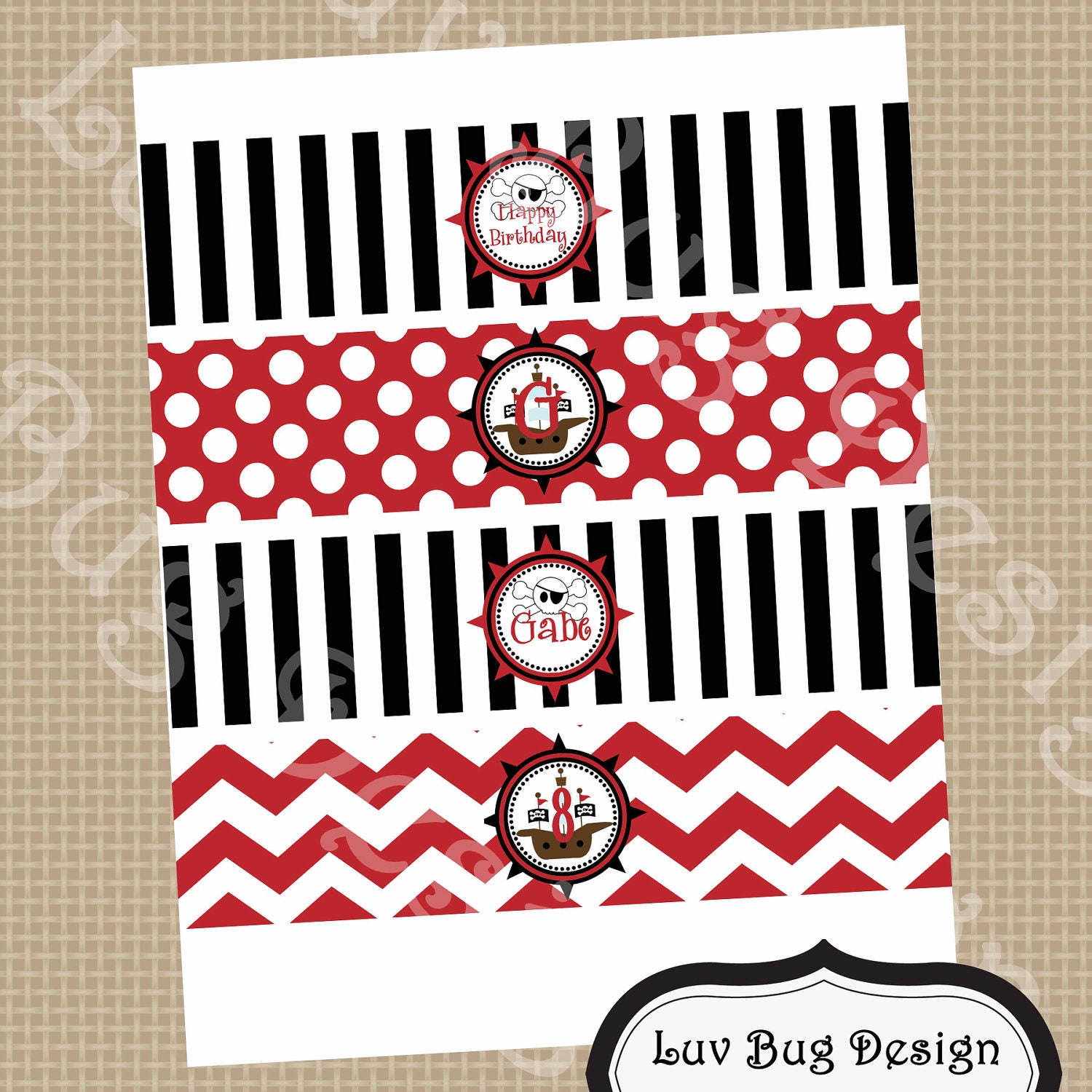 PRINTABLE Pirate Ship themed Water Bottle Labels or Drink Sleeves- Printable party invitations by Luv Bug Design
