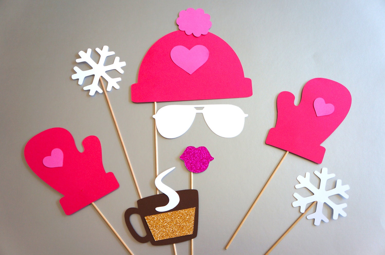 Winter Photo Booth Props - 8 piece set - GLITTER Photobooth Props - Snow Bunny, Pink