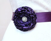 Dark Purple Flower Wedding Ribbon Sash w/ Rhinestones/  Handmade Accessory/ Free Shipping on Additional Items