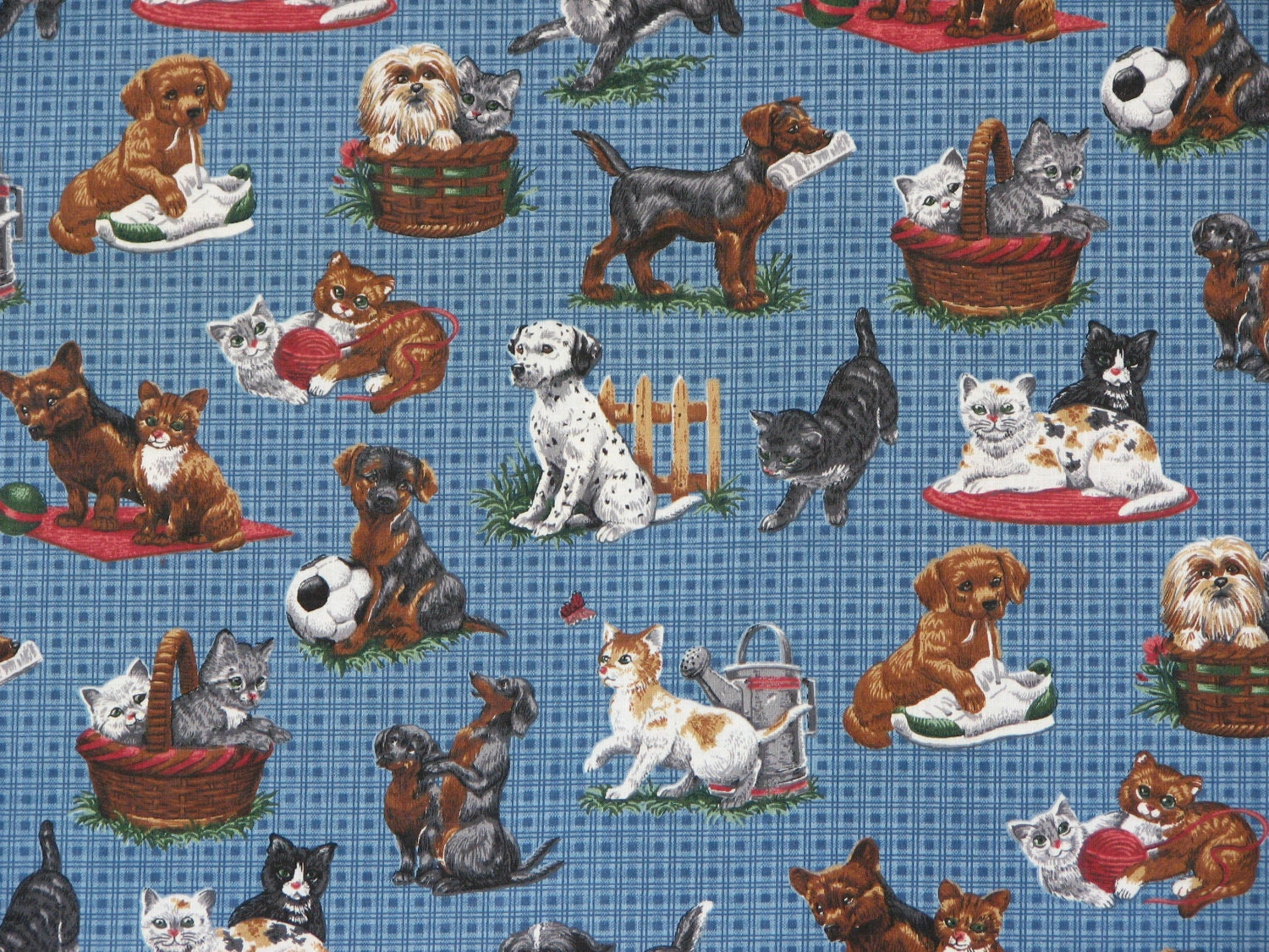 Cats and Dogs Fabric Blue Pets Fabric Home Decor/Quilting Fabric V.I.P Cranston Print Works Co. 100% Cotton, 1 Yard.