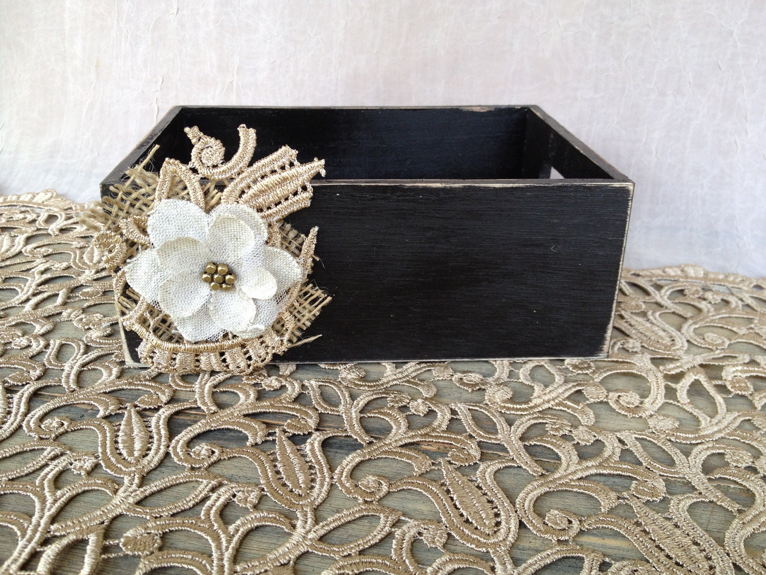 Rustic Black Wooden Flower Girl Basket with Lace and Burlap Embellishment