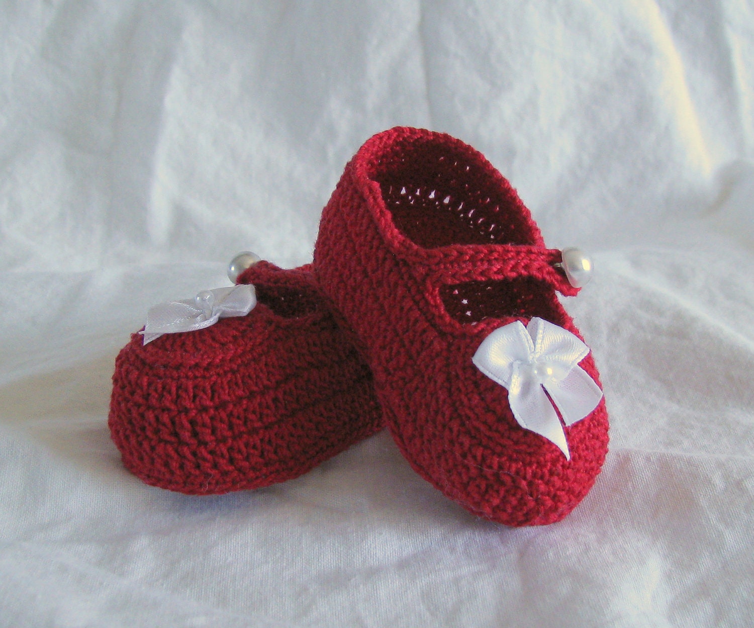 MARY JANE SLIPPERS -  Crocheted Newborn Red Booties - Made of Cotton Thread