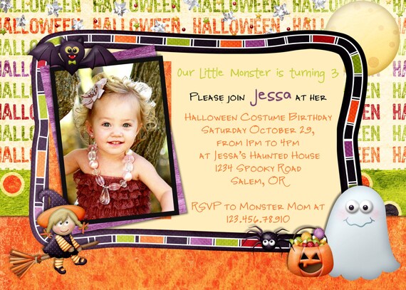 Halloween Birthday Invitation Girl - Printable Custom Photocard Il_570xn