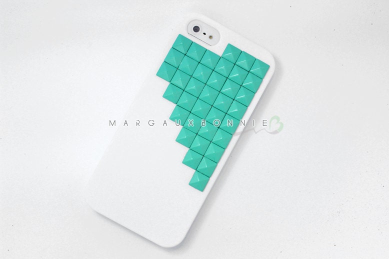 FREE Shipping US -- iPhone 5 Mint Teal Green Studs Studded White Hard Phone Case AT&T Verizon Sprint