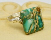 Sterling Silver Filled Wire Wrap Ring with Sea Green Imperial Jasper Gemstone - Size 4, 5, 6, 7, 8, 9, 10, 11, 12, 13, 14