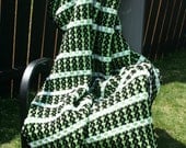 Funky Unique Textured Green Black and White Striped Crochet Afghan Blanket Throw