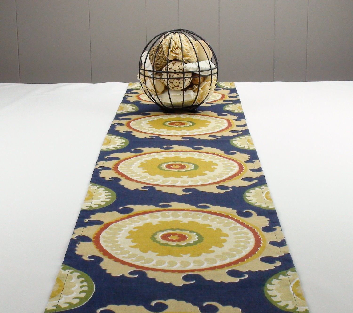 Modern Navy Blue Table Runner,  Navy Blue Tablecloth - Blue Color, Yellow Color 96 inch 96" long
