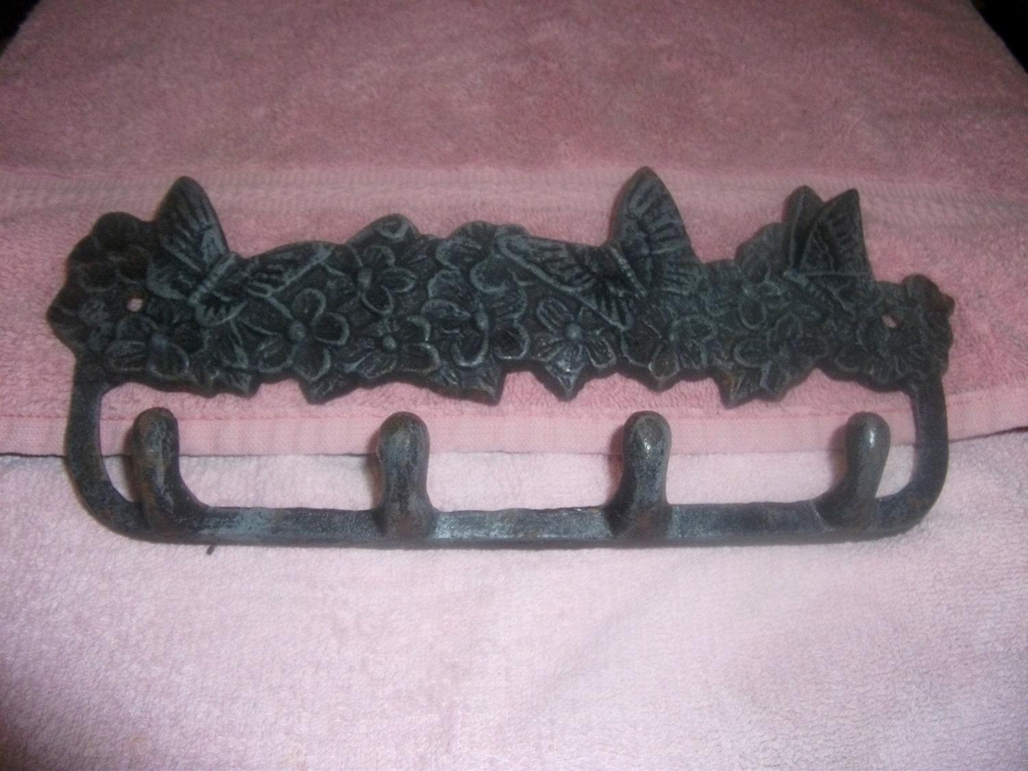 Vintage Cast Iron Hanging Key or Coat Rack Decorated with Butterflies...ONLY 6 USD