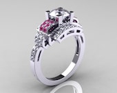 Modern Edwardian 950 Platinum 1.0 Carat Moissanite Pink Sapphire Diamond Ring R202-PLATDPSMO