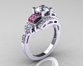 Modern Edwardian 10K White Gold 1.0 Carat White and Pink Sapphire Ring R202-10KWGPWS