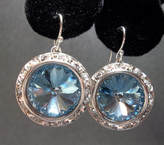 Aquamarine earrings -  Swarovski -  Rivoli - Crystal Earrings - March Birthday - gift -
