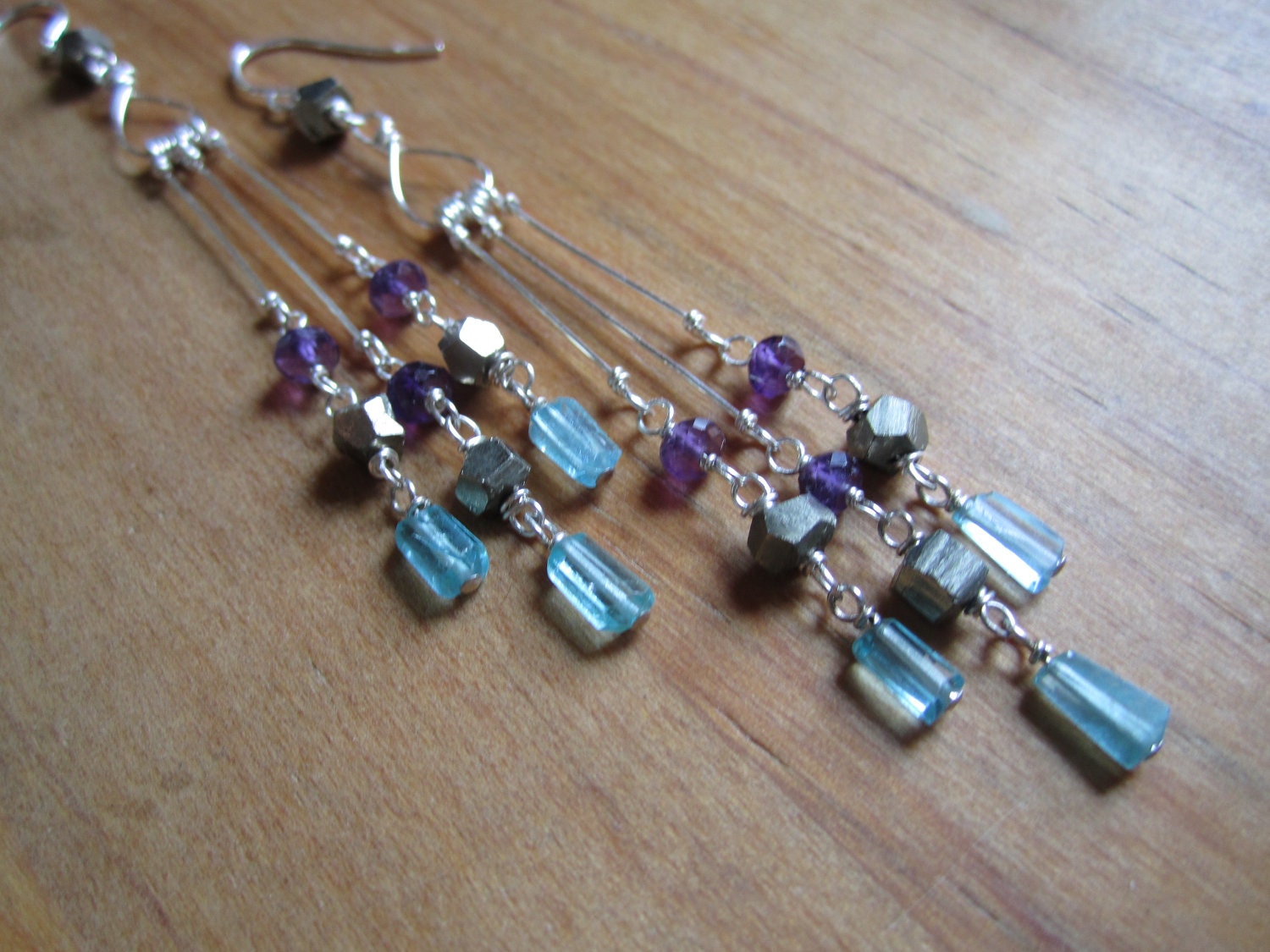 Three Graces . Amethyst, Pyrite and Apatite Sterling Silver Wire Wrapped Chandelier Earrings