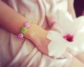 fashion bracelet  triple light pastel pink and bright apple green bracelet in textured gold frame handmade gemstone bracelet  israel jewelry