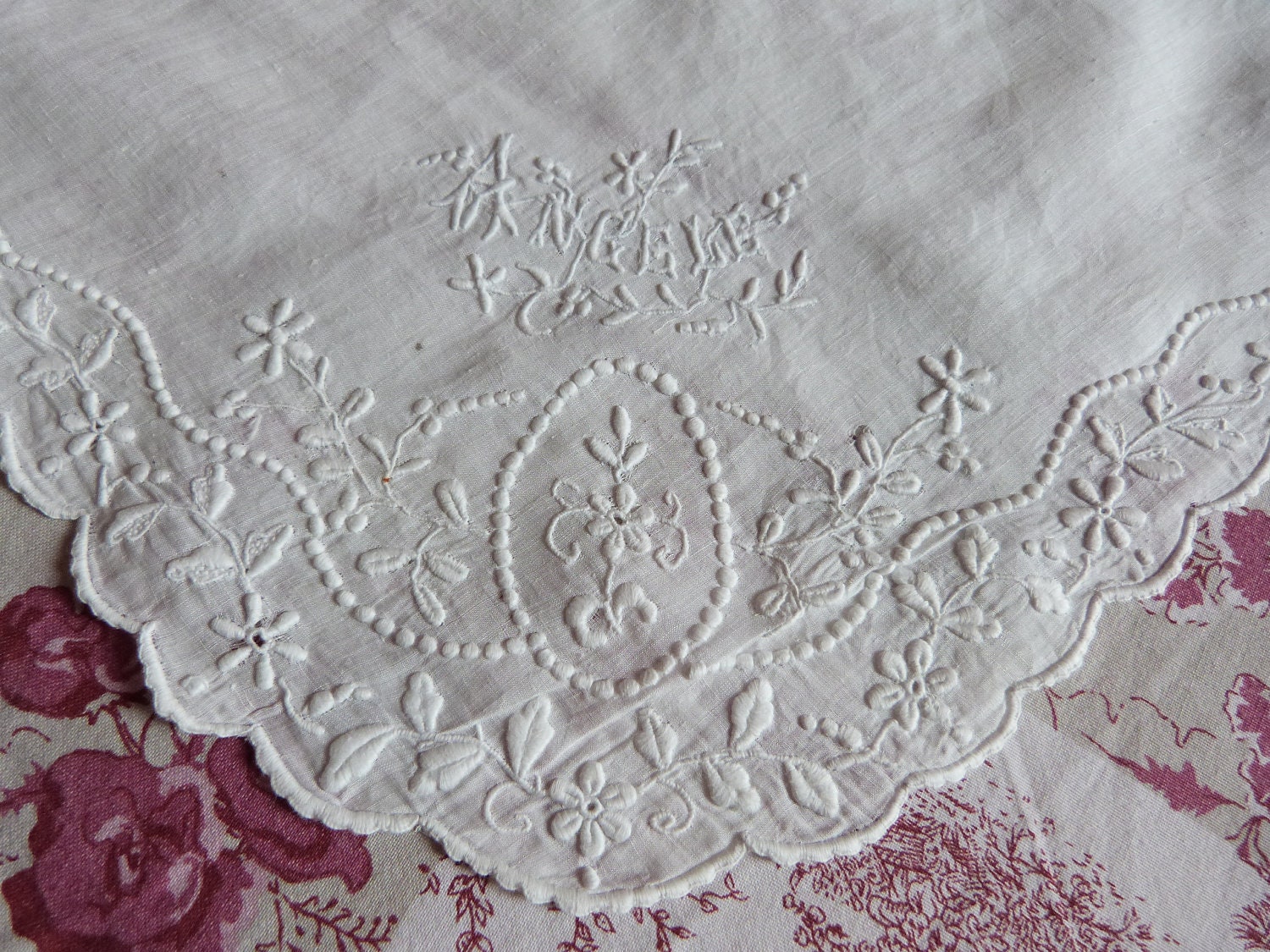 Antique French Victorian heirloom handkerchief, 1900s hand embroidered hanky w name embroidery, hand kerchief, romantic - MyFrenchAntiqueShop