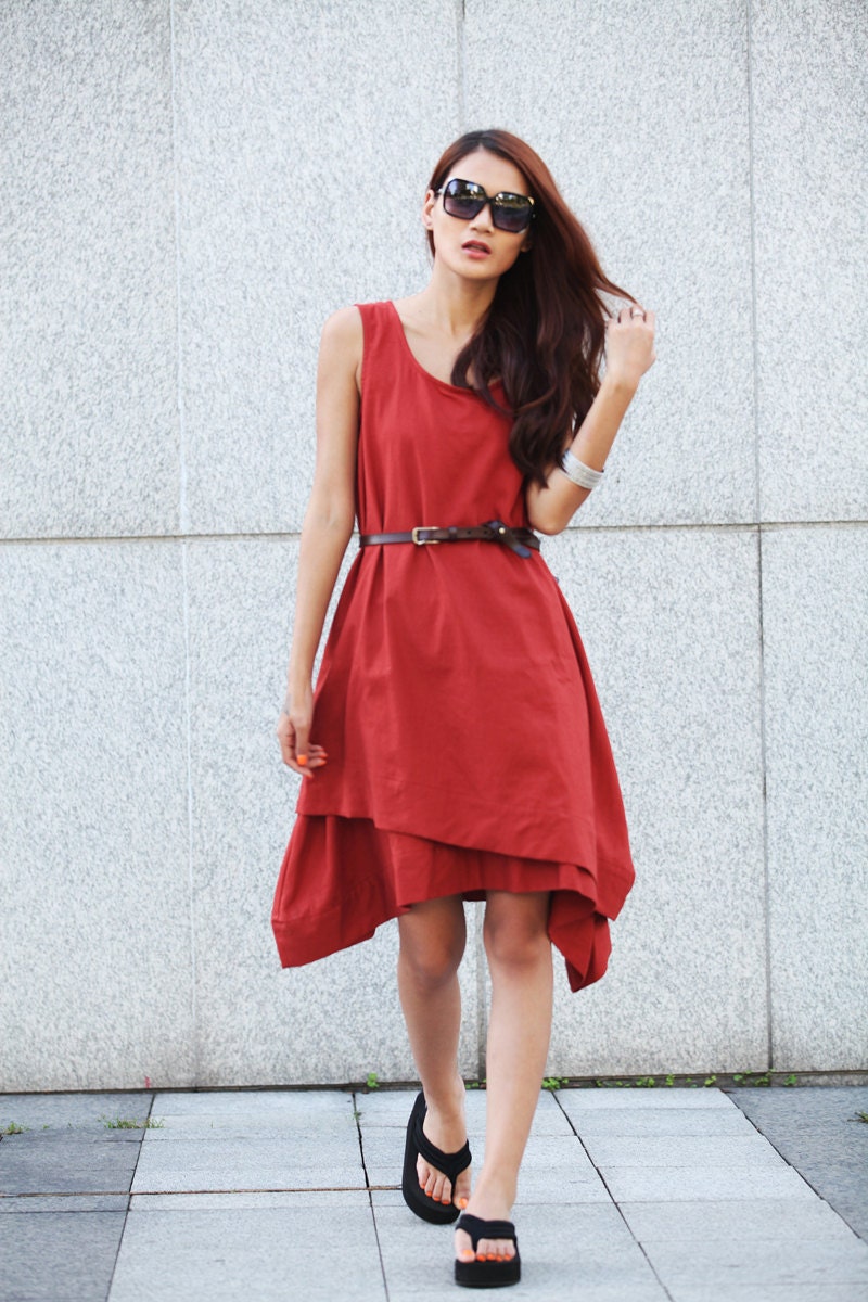Red Sundress Ramie Double-deck Vest Dress - NC358