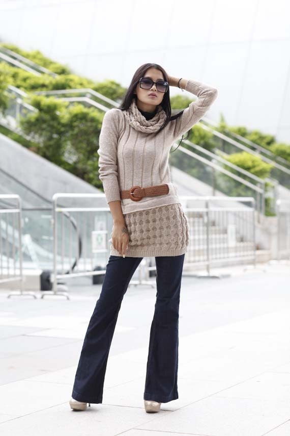 Reserved Listing for Chien-Ying - FREE SHIPPING Deep Kahki Long Sleeve Sweater Dress With Neck Warmers S / M - NC191