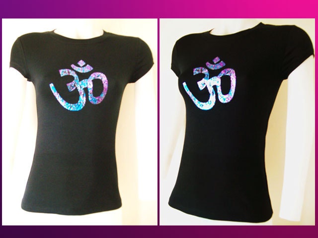 Juniors/Womens Black Fitted Top "Namaste Symbol" Blue/Purple/Silver Foil ...Size Small, Medium, Large, XL, 2XL, 3XL Zen Inspired