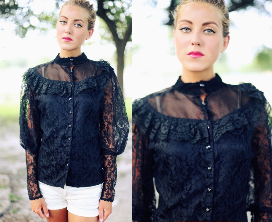 Vintage 1970s Black Victorian Gothic All over Lace Ruffle Blouse