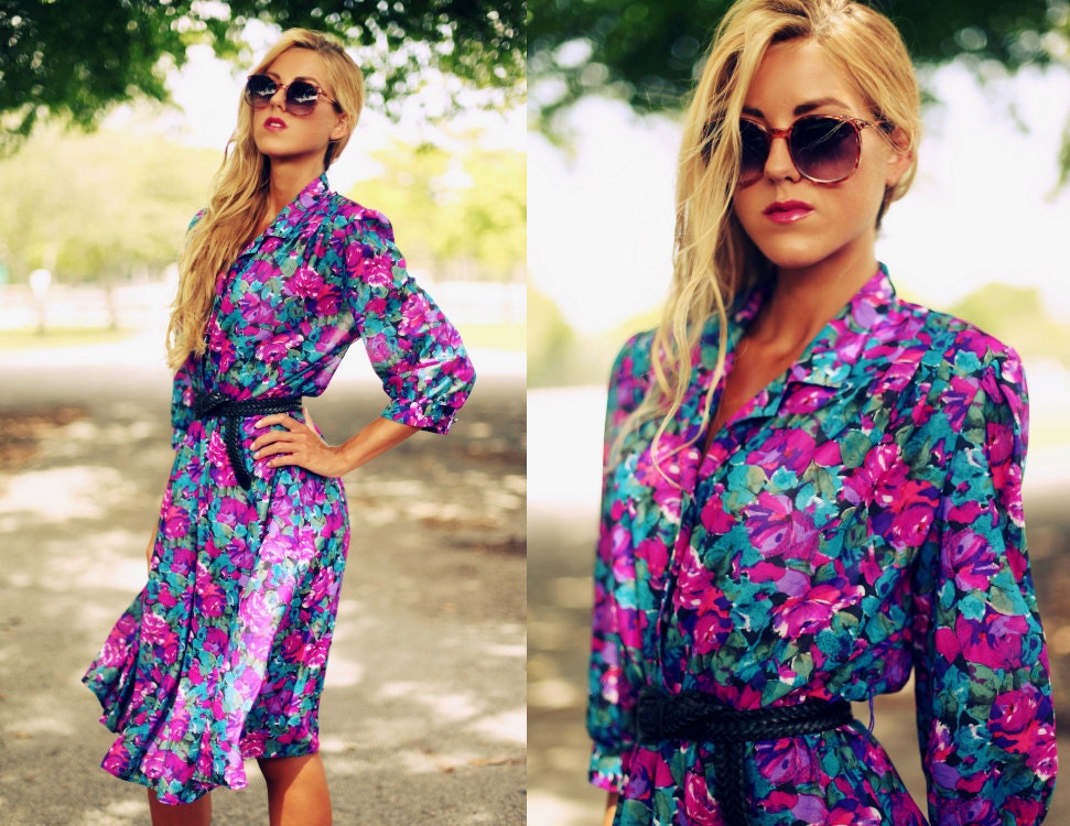 Vintage 1970s Teal Forest Green Leaf Safari Print Summer Dress