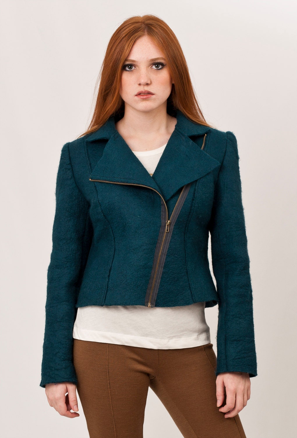 Emerald Cropped jacket, Pirate Green felted jacket, moto bike inspired, retro cool by texturable