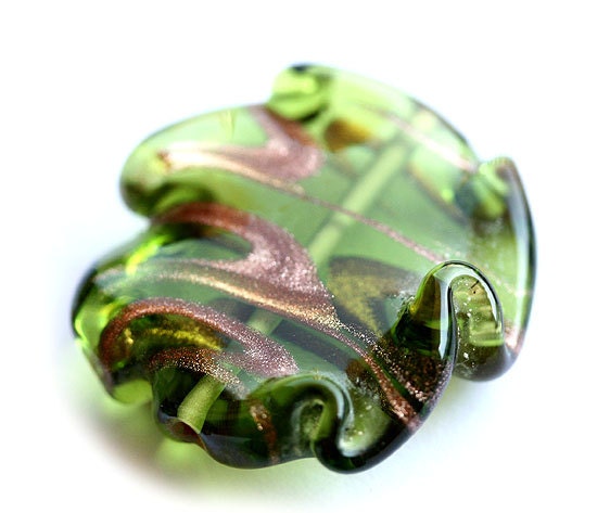 Czech glass lampwork bead Olive green focal - pendant bead, flat, large - 27mm - 1 bead - LW1