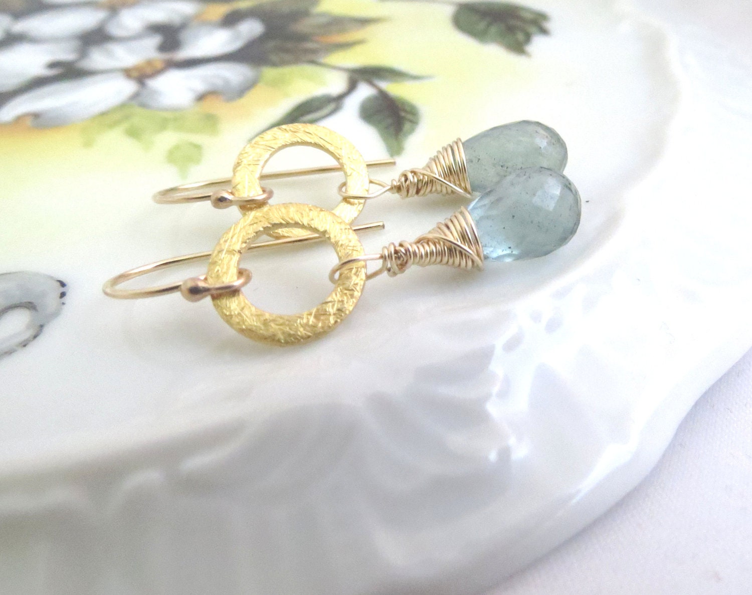 Moss Aquamarine Briolette with Gold Circle Earrings