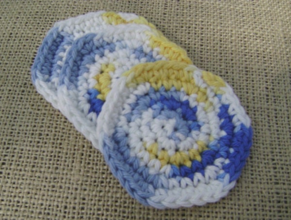 Crochet Cotton Face Scrubby Facial Scrub Pad  Blue Yellow and White Set of 3