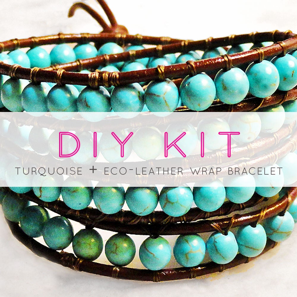 make a leather wrap bracelet with turquoise beads: DIY KIT supplies & tutorial - turquoise and leather wrap bracelet