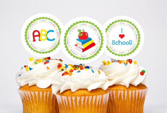 Back To School Themed Cupcake Toppers / Party Circles/ Stickers -  Personalized DIY Printable Digital File