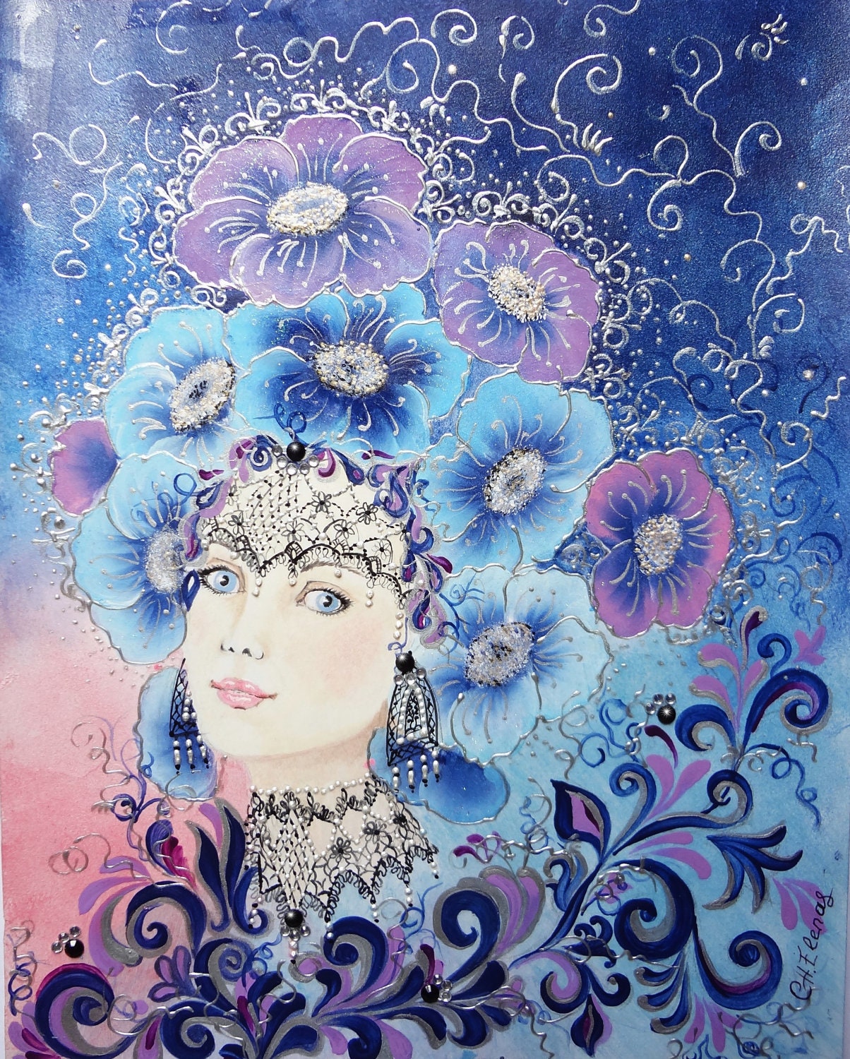 Original Acrylic Painting "Lady Morning" free shipping.