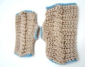 Fingerless Gloves, Mittens in Taupe Cream and Sky Blue - 100% Merino Wool - READY TO SHIP