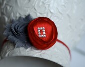Block "O" Ohio State Headband, Flower Rhinestone Middle, Chiffon Rosette and Matching Elastic