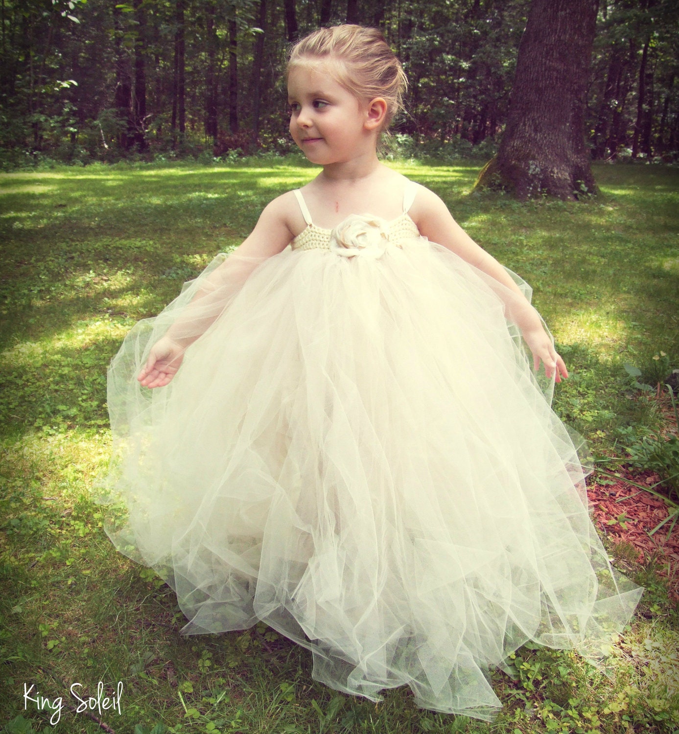 Flower Girl Tutu Dress Rolled Tulle and Ribbon Rose Full Length Tulle Tutu Champagne and Ivory Custom Colors Infant to Toddler Size 4