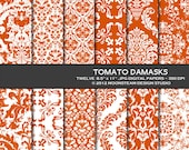 INSTANT DOWNLOAD Tomato Damask Digital Backgrounds, Red Orange Damask Digital Scrapbook Paper 8.5x11 or 12x12 or A4 Commercial Use