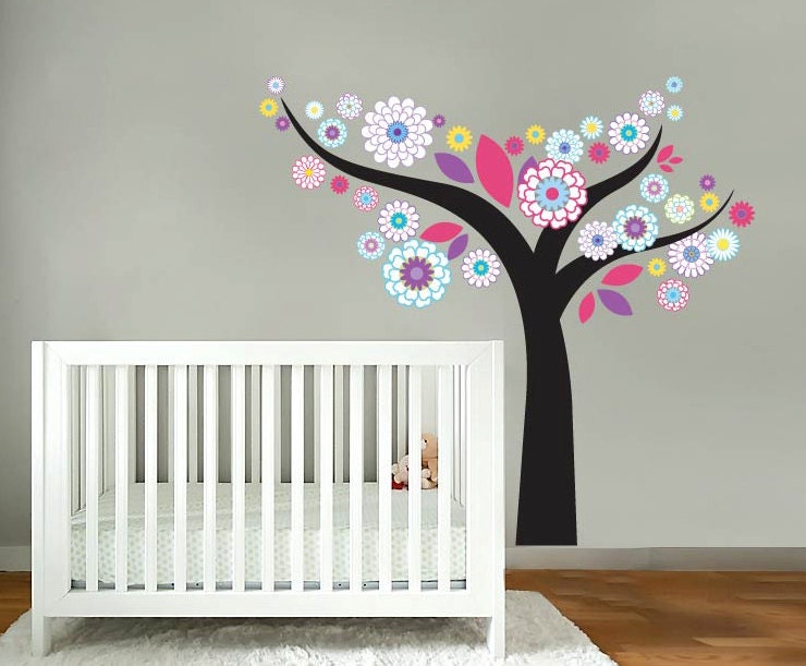 Kids tree vinyl wall decal Floral with leaves great for any nursery or girls room