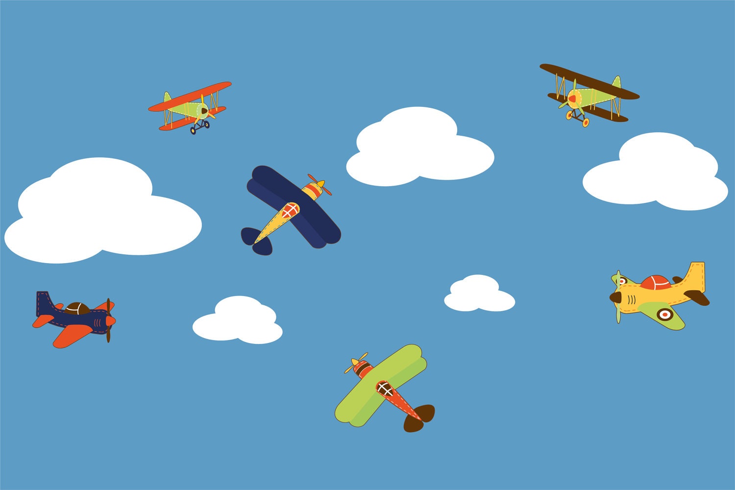 Kids childrens vinyl wall decal Vintage AirPlanes set of 6 and 5 clouds Great for boy nursery