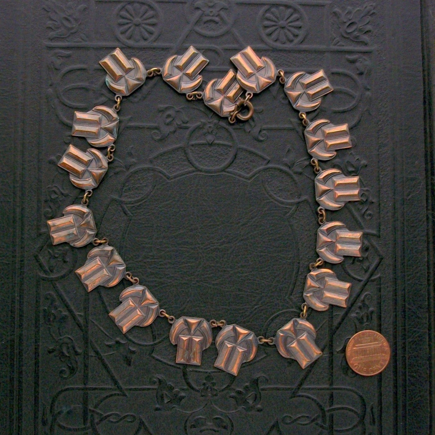 Art Deco Necklace. Bold Copper Horns Triangles. Egyptian Revival.